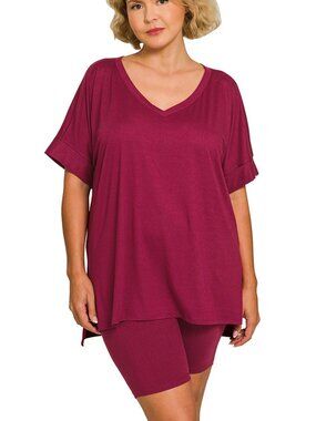 BRUSHED DTY MICROFIBER V-NECK HI-LOW HEM TOP & BIKER SHORTS SET NEW Cabernet
